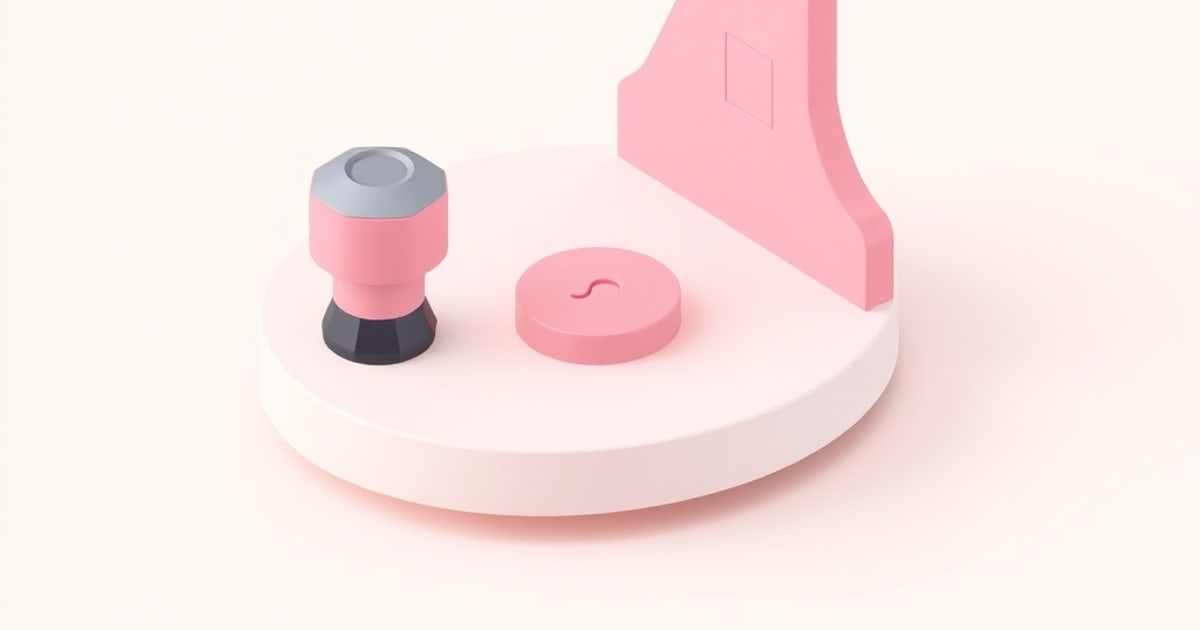 Soft pastel 3D render of a round white printer base with a pink and gray knob, a pink disc button and an upright pink frame, evoking 3D printer hardware