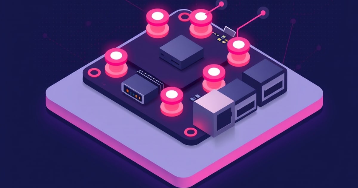 Flat isometric illustration of a dark circuit board on a lavender pad ringed by six glowing red LED posts, with a black chip and USB and Ethernet ports