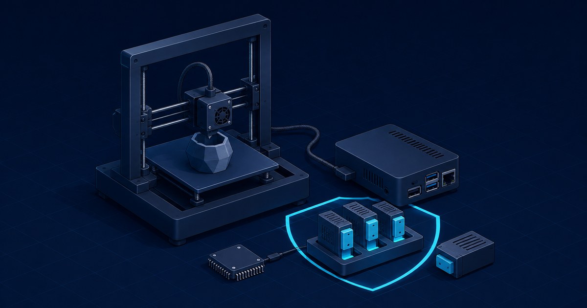 Dark blue 3D render of a desktop 3D printer and mini computer beside plugin-like modules protected by a glowing shield.