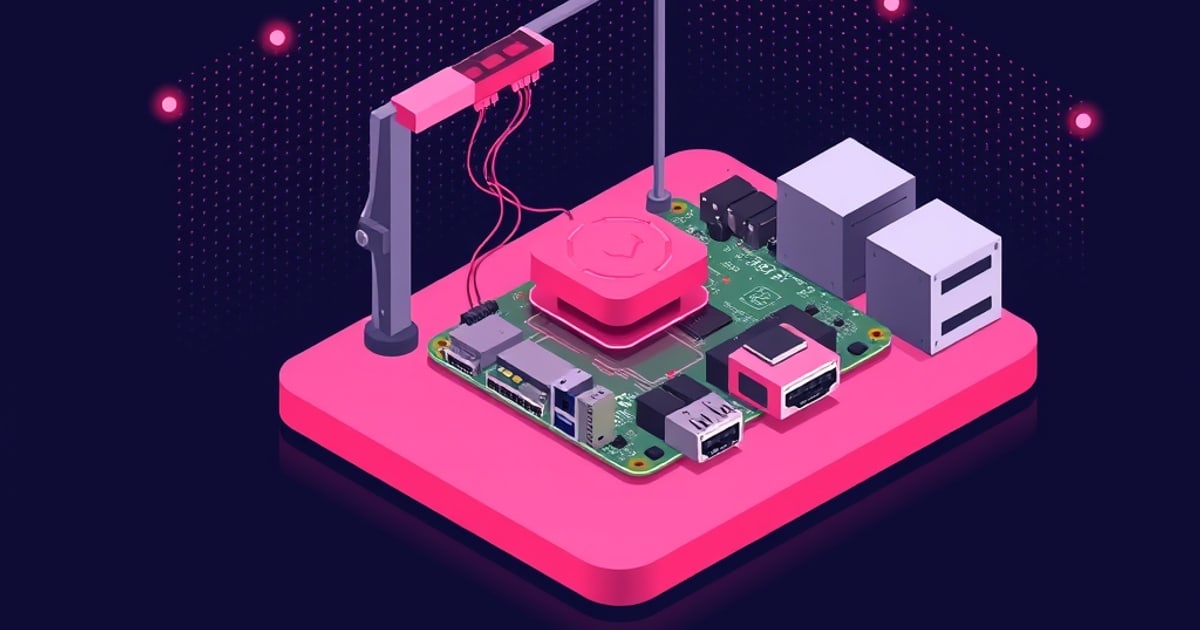 Flat isometric illustration of a green single-board computer on a hot pink pad with a pink heatsink, an overhead camera arm, cables and two white boxes