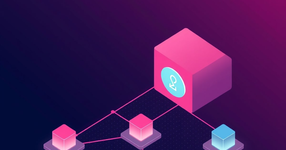 Isometric illustration of a pink server cube linked by glowing lines to three smaller network nodes, representing remote access.