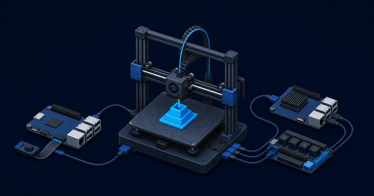 A desktop 3D printer printing a blue stepped pyramid, cabled to two single-board computers, one with a camera module and one feeding a stepper driver board.