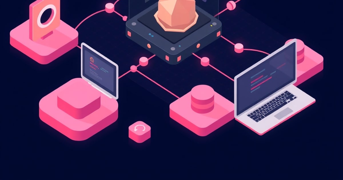 Isometric illustration of a printer platform holding a finished part at the centre of a pink node network, cabled out to two laptops showing lines of code and to an upright panel with a circular lens opening